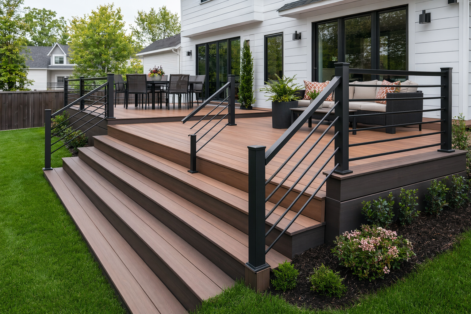 A newly built backyard deck with composite planks, railings, and steps down to a yard